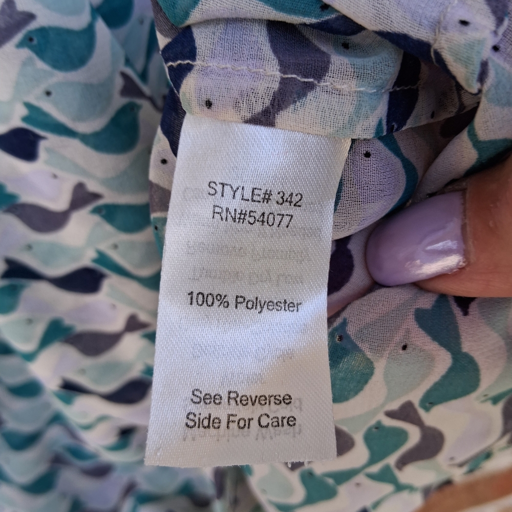 Cabi Bird Print Sheer Wrap Blouse L Blue Green Flowy Boho Chic Top - Picture 8 of 14